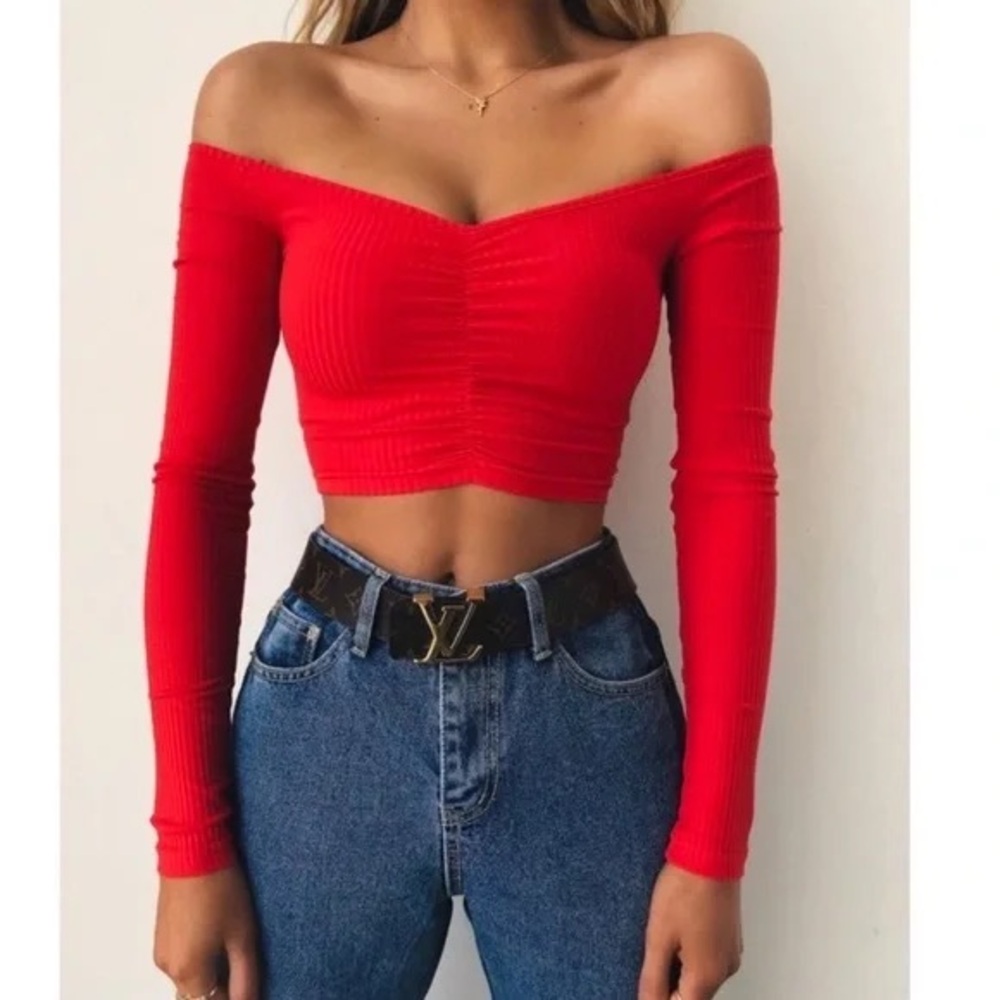 Tiger Mist Sweetheart Red Off Shoulder Ruched Crop Top XS
